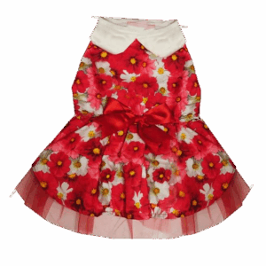Vestido Para Mascotas rojo con flores y cuello blanco