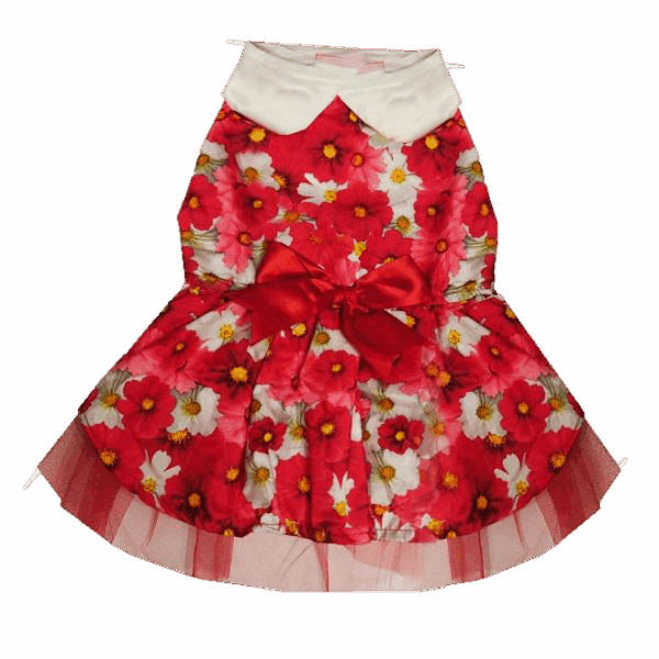Vestido Para Mascotas rojo con flores y cuello blanco